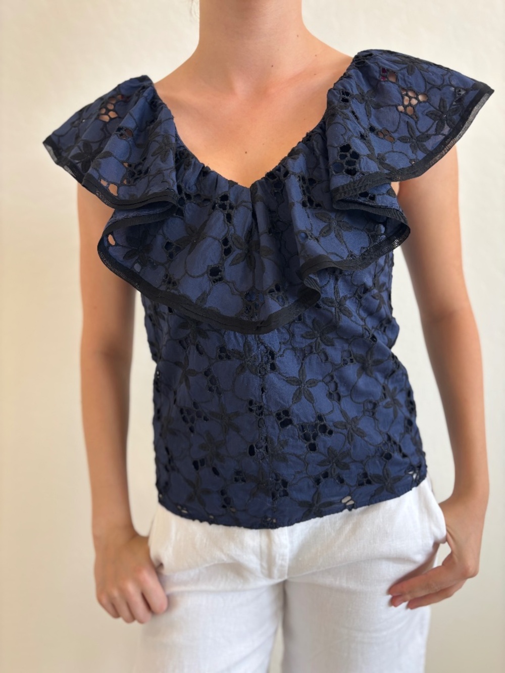 Rebecca Taylor Adriana Embroidered Ruffle Eyelet Top in Blueberry - Size 4